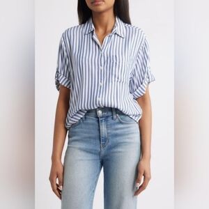 Cotton Linen Blend Beach Lunch Lounge Nautical Blend Striped Shirt